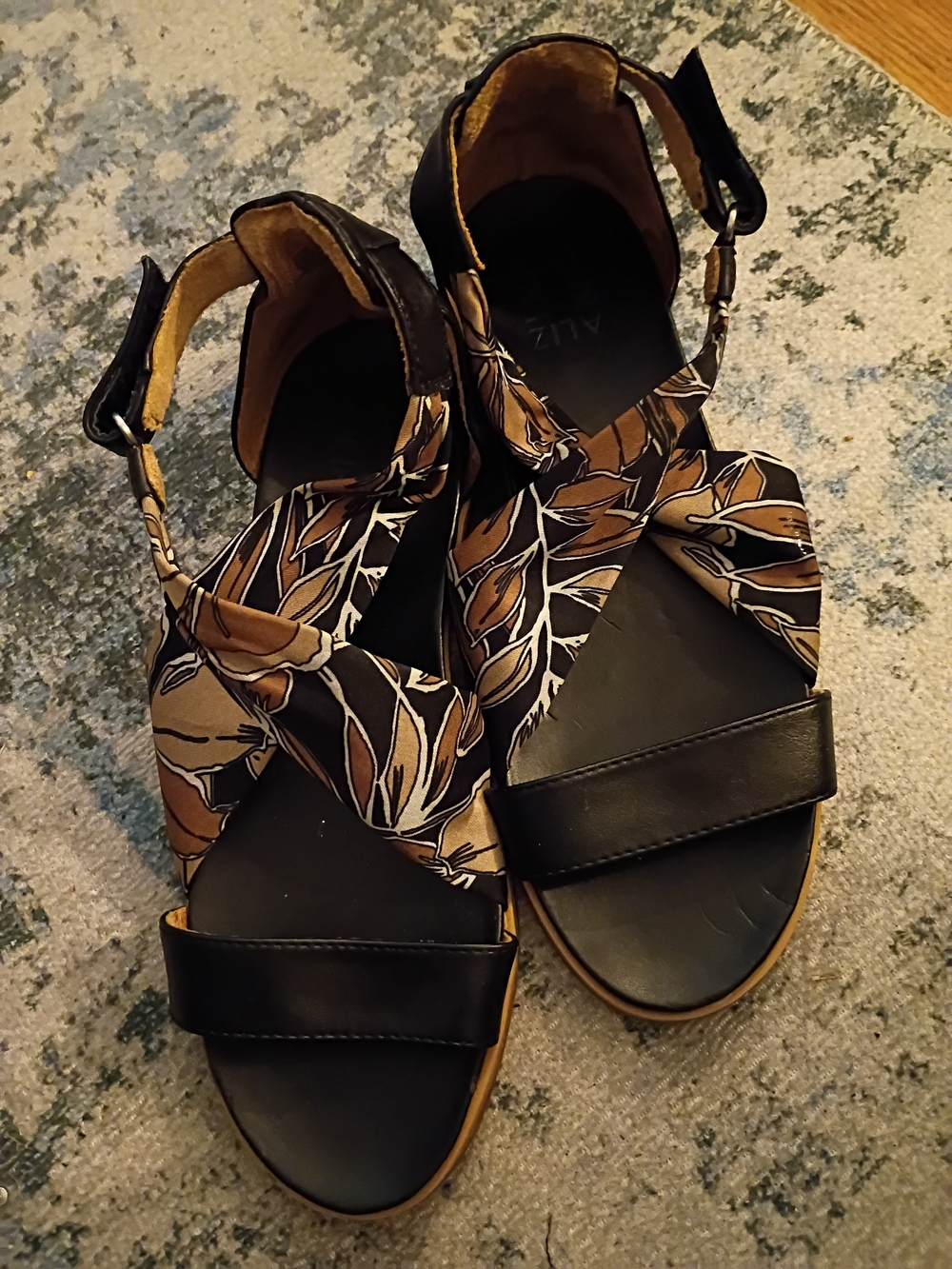 Women's Black and Brown Printed Ankle-Strap Sandals Size 9.5
